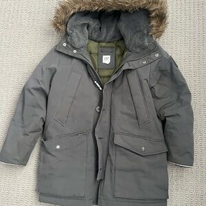 GAP Youth Boys  Charcoal Puffer Coat with Faux Fur Hood